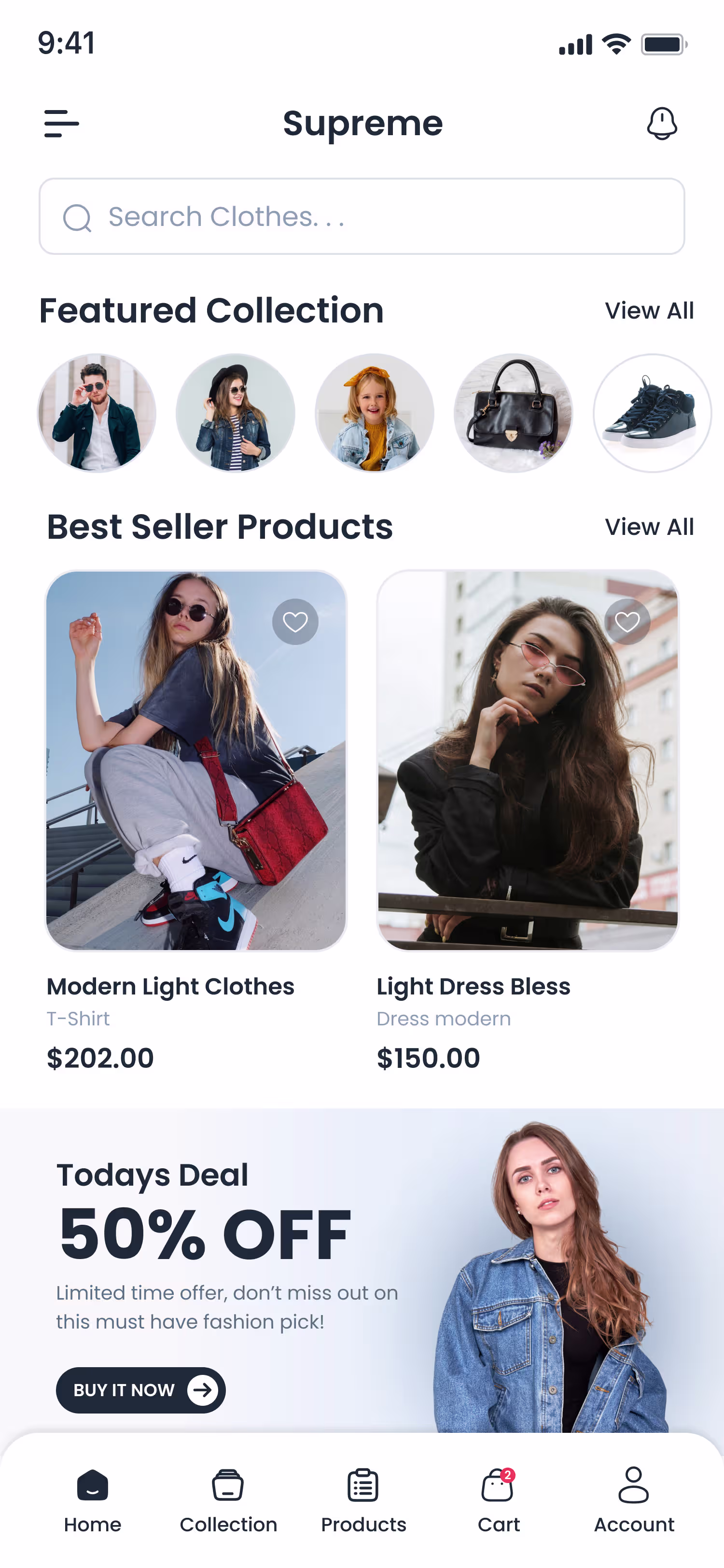 Supreme mobile app home screen with featured collections and product listings